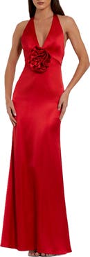 Mac Duggal Fitted Satin Sleeveless Halter Gown With 3D Flower