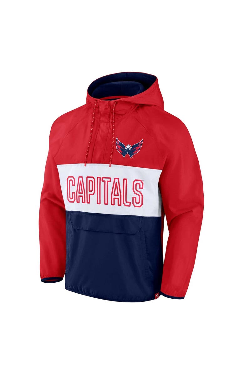 FANATICS Men's Fanatics Branded Red/Navy Washington Capitals Backhand Shooter Defender Anorak Raglan Hoodie Quarter-Zip Jacket, Alternate, color, Red