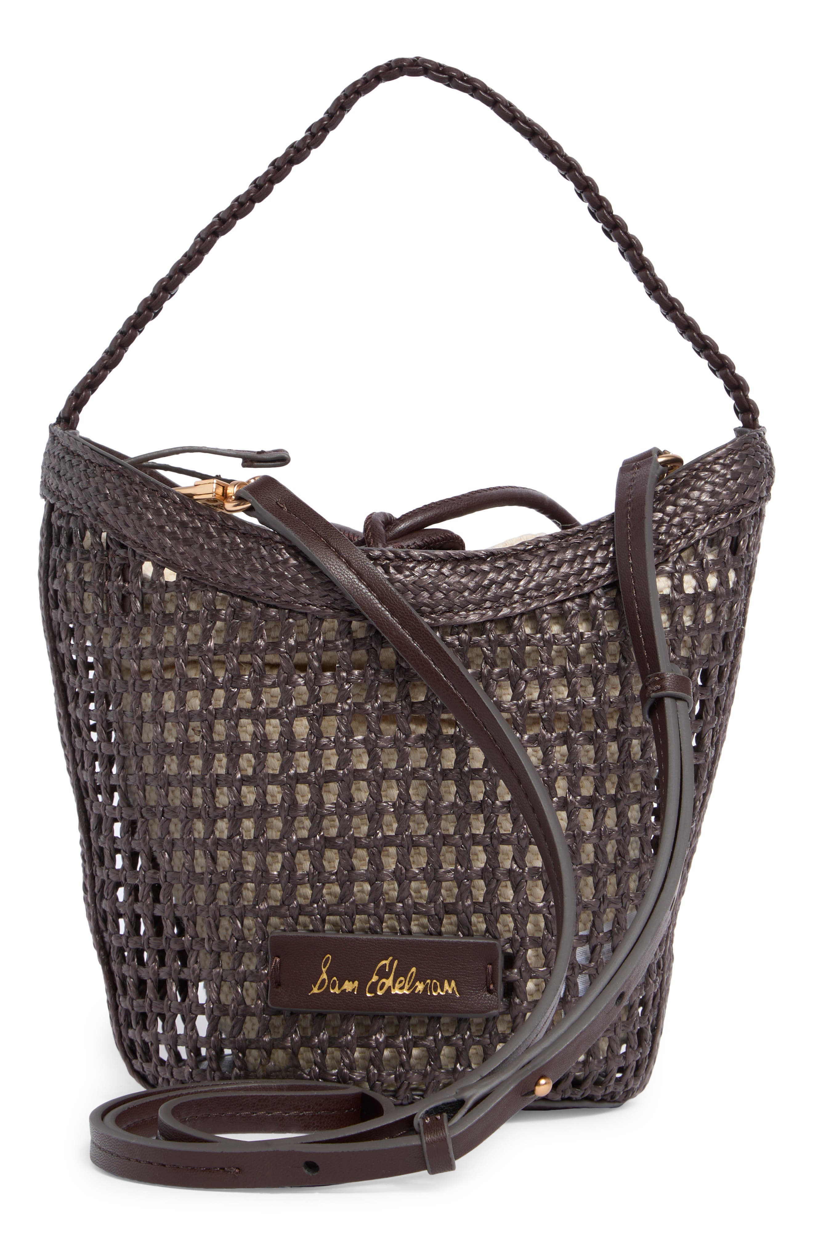 Sam Edelman Marcie Open Weave Small Bucket Crossbody Bag, Alternate, color, Dark Brown