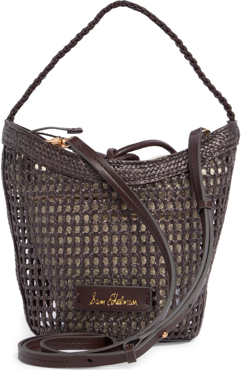 Sam Edelman Marcie Open Weave Small Bucket Crossbody Bag, Alternate, color, Dark Brown