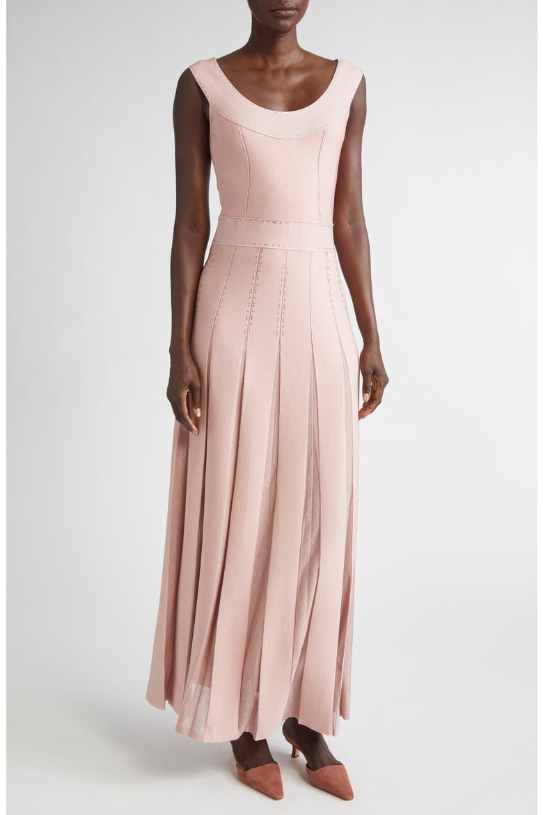 Crystal Embellished Pleated Piqué Gown, Main, color, ROSE QUARTZ