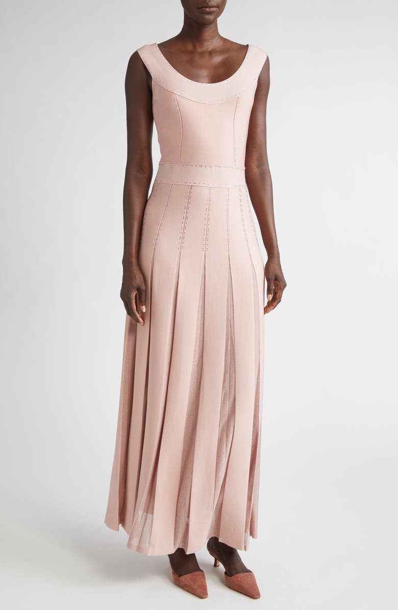 ST. JOHN Crystal Embellished Pleated Piqué Gown, Main, color, Rose Quartz