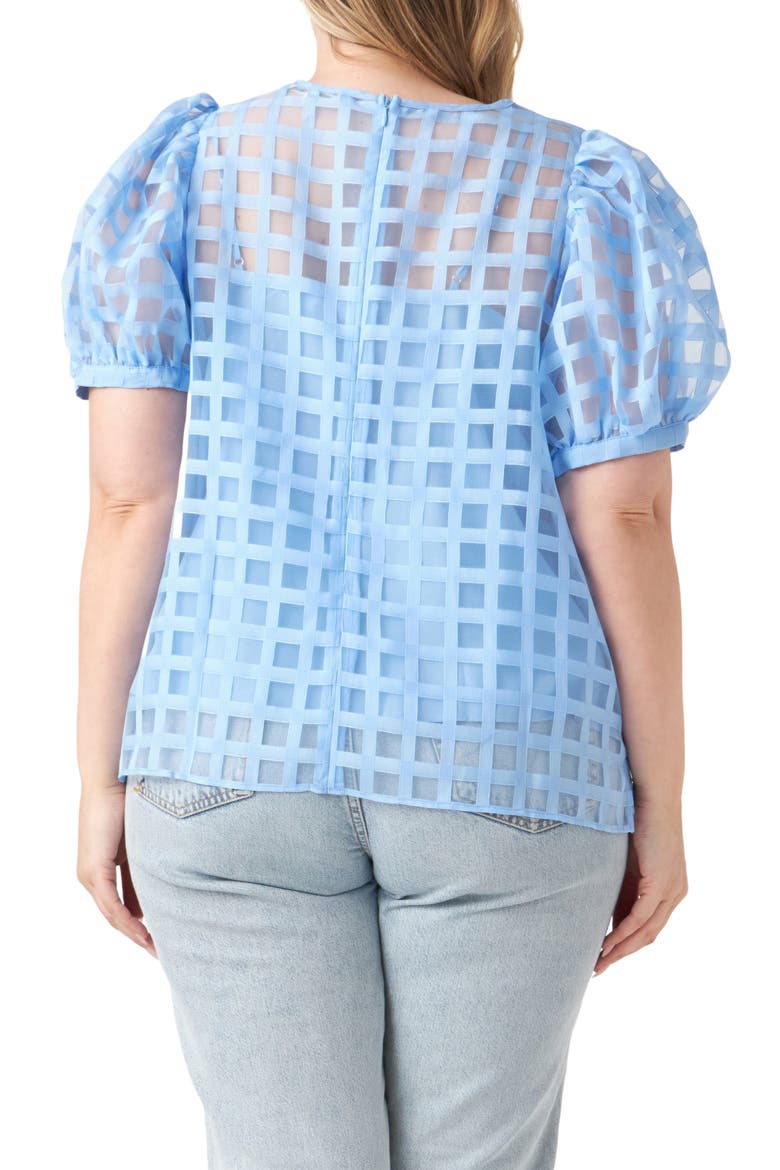 Sheer Plaid Short Puff Sleeve Top, Alternate, color, BLUE