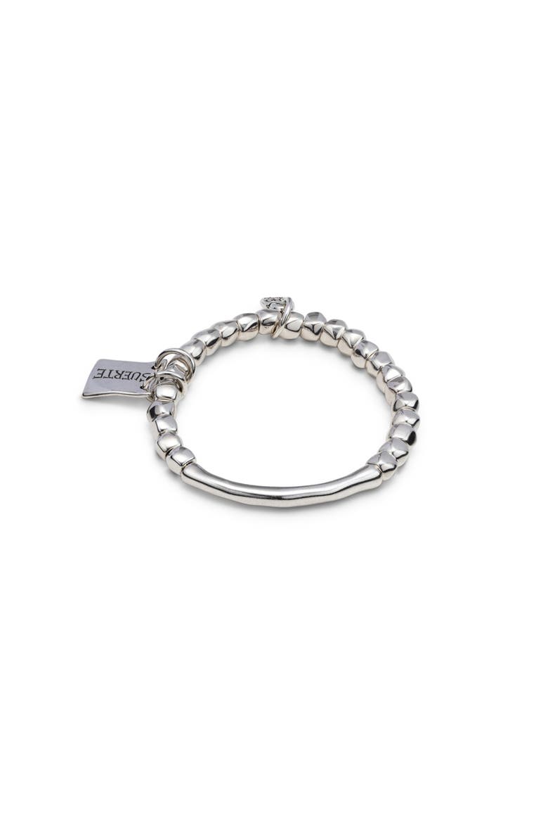 Bead Bracelet with Tubular Piece and Silver-Plated Plate with Message, Main, color, Silver