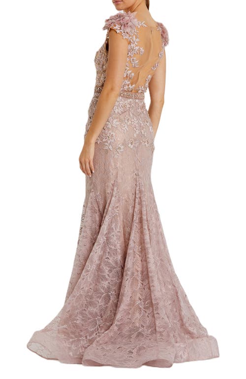 Mac Duggal Embroidered Illusion Appliqued Bodice Trumpet Gown In Mocha