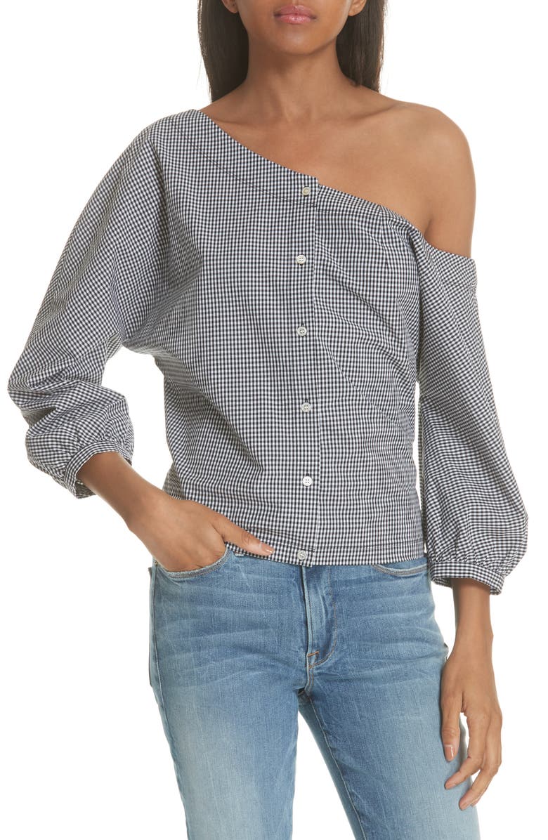FRAME Gingham Tie Back Off the Shoulder Top, Main, color, 