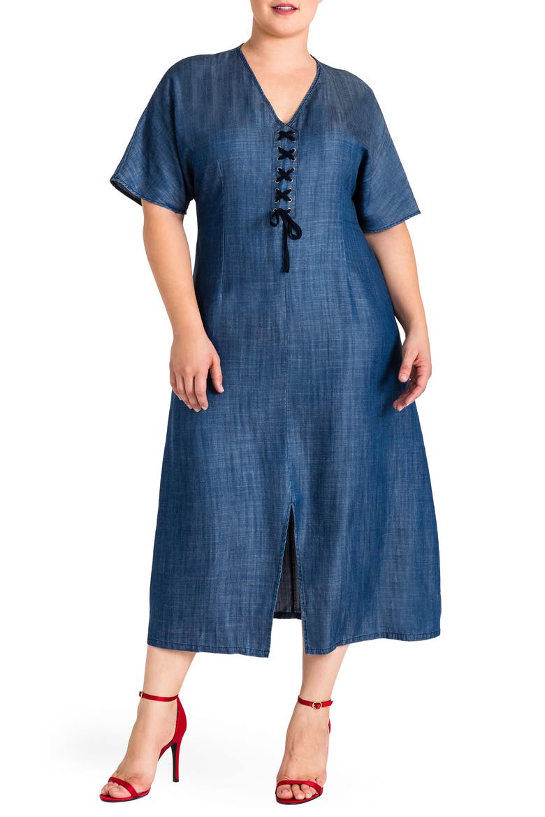 Meme Chambray Midi Dress, Main, color, NAVY