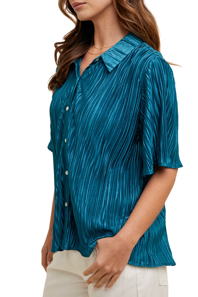 Pleated Satin Shirt, Alternate, color, TEAL