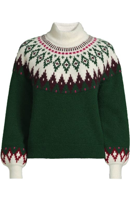 Lands' End Fuzzy Turtleneck Lantern Sleeve Jacquard Sweater In Green