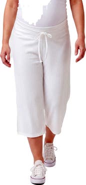 24seven Comfort Apparel Maternity Basic Ribbed Knit Drawstring Flared Capri Pants