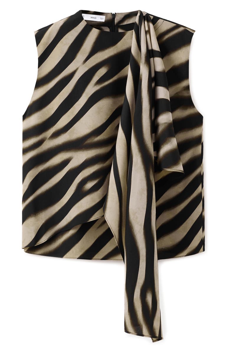 MANGO Zebra Stripe Tie Neck Top, Alternate, color, Black