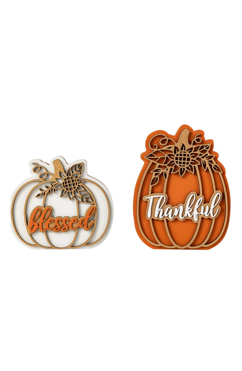 Glitzhome Set of 2 Thanksgiving Wooden Pumpkin Table Decor, Main, color, Orange