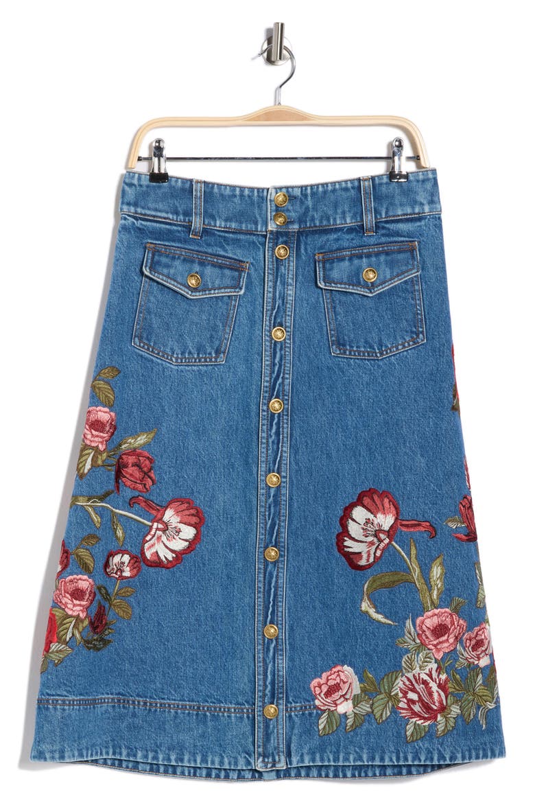 Dahlia Button Front Denim Midi Skirt, Alternate, color, BROOKLYN BLUE/ MULTI