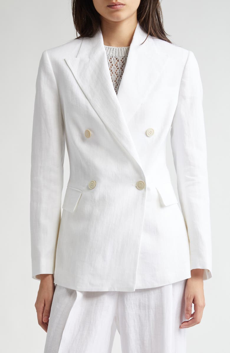 Eleventy Double Breasted Linen Blazer, Alternate, color, White
