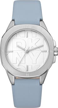 DKNY Logo Dial Leather Strap Watch