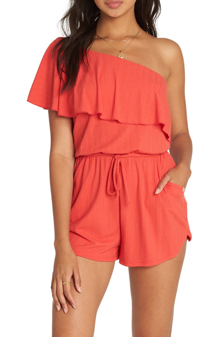 Follow the Sun One-Shoulder Ruffle Romper, Main, color, FUEGO