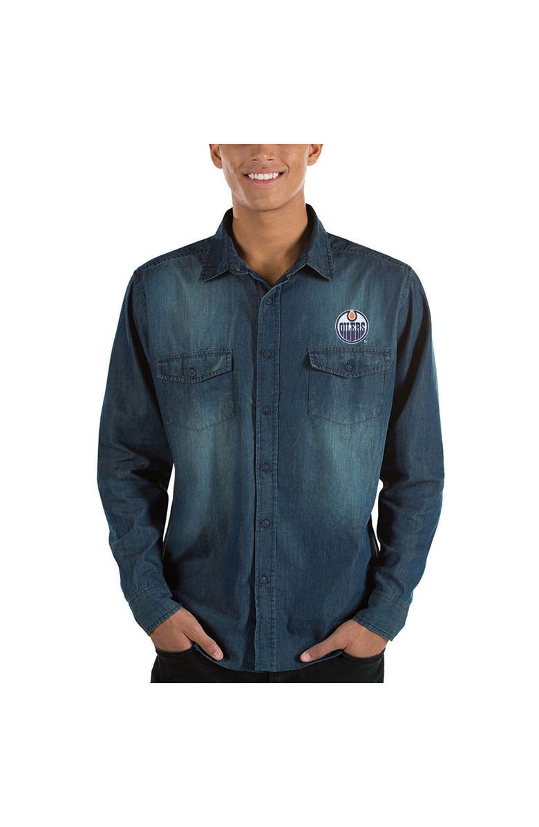 ANTIGUA Men's Antigua Denim Edmonton Oilers Outlook Long Sleeve Button-Up Shirt, Alternate, color, 
