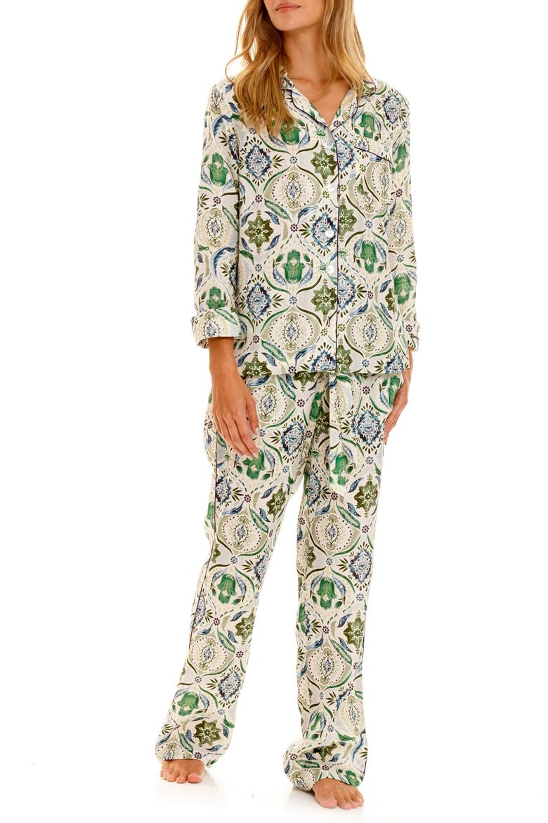 Emma Hamsa Blessing Linen Pajamas, Main, color, GREEN