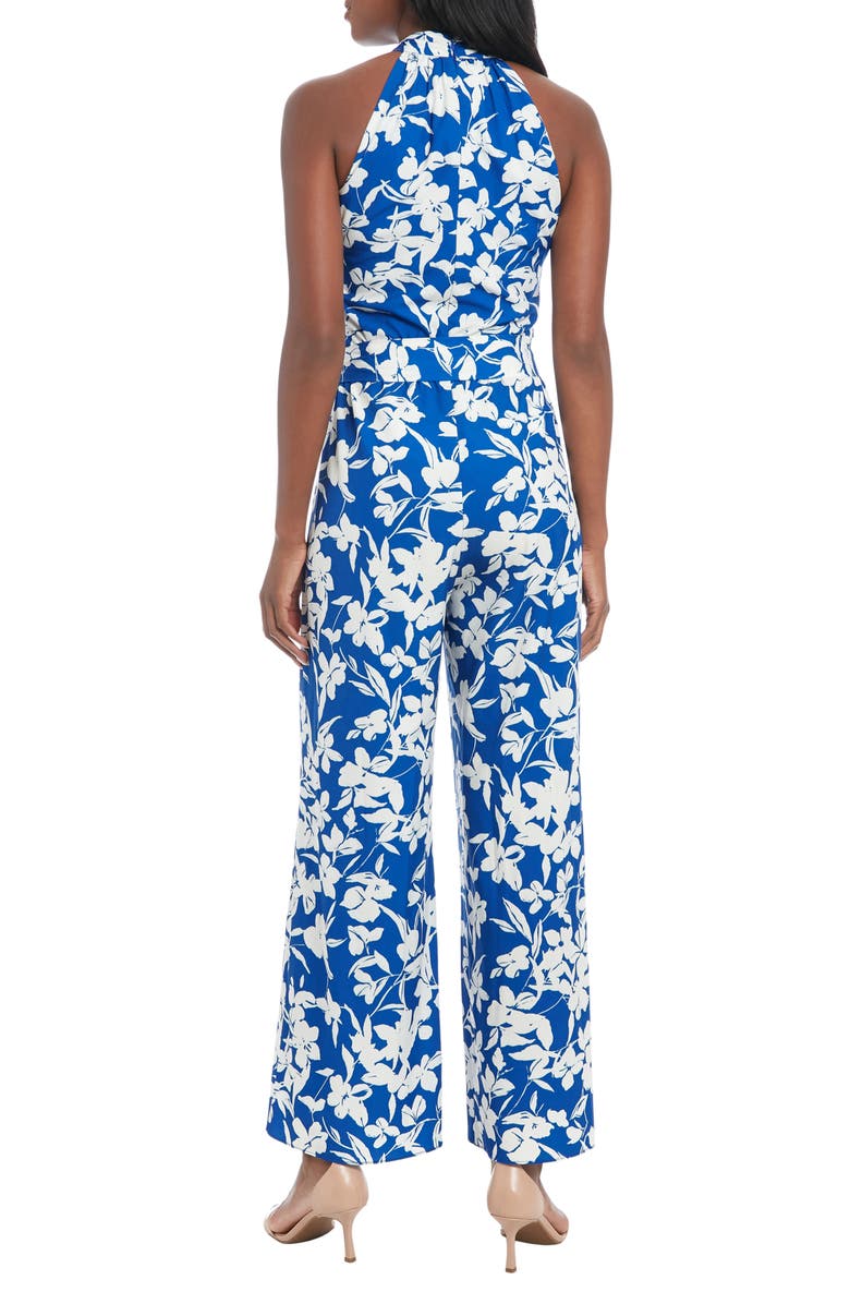 London Times Floral Crossover Halter Neck Jumpsuit, Alternate, color, Blue/ White