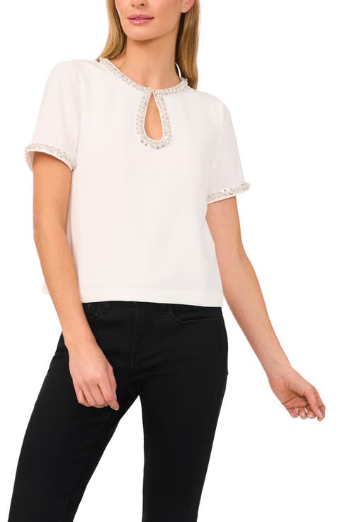 Rhinestone & Faux Pearl Keyhole Neck Short Sleeve Crepe Top