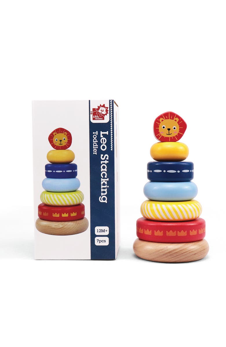 Leo & Friends Leo Stacking Toddler Ring Tower - 7-Piece Blue Wooden Stacker Puzzle, Alternate, color, Yellow