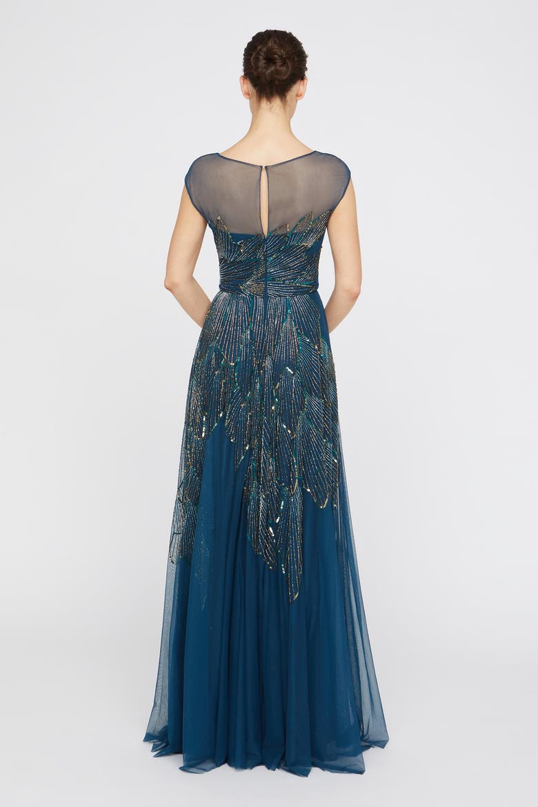 Ava Beaded Cap Sleeve Bateau Neck Sequin Gown, Alternate, color, Aquamarine
