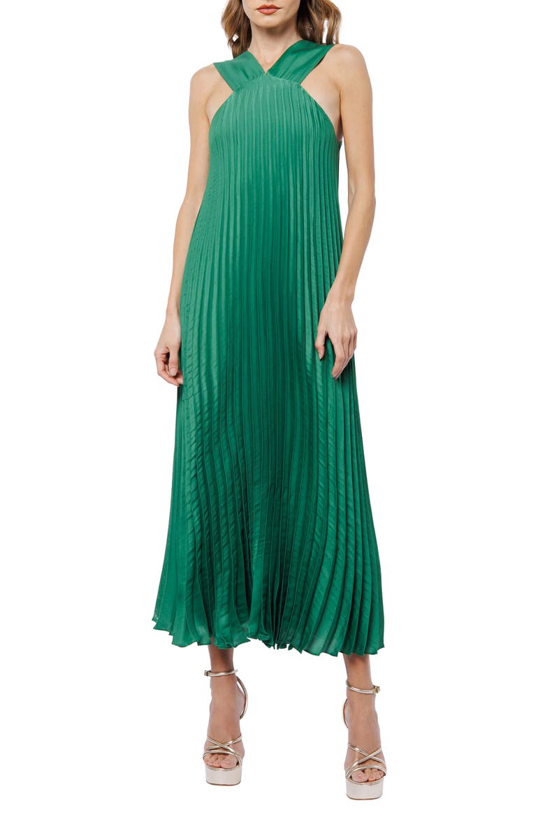 Mellisa Pleated Satin Dress, Main, color, GREEN