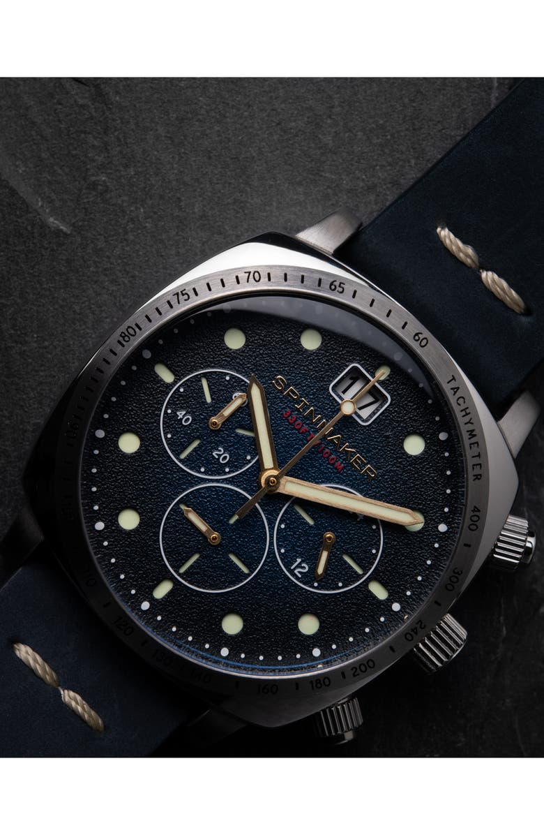 SPINNAKER Hull Chronograph Leather Strap Watch, 42mm, Alternate, color, Blue