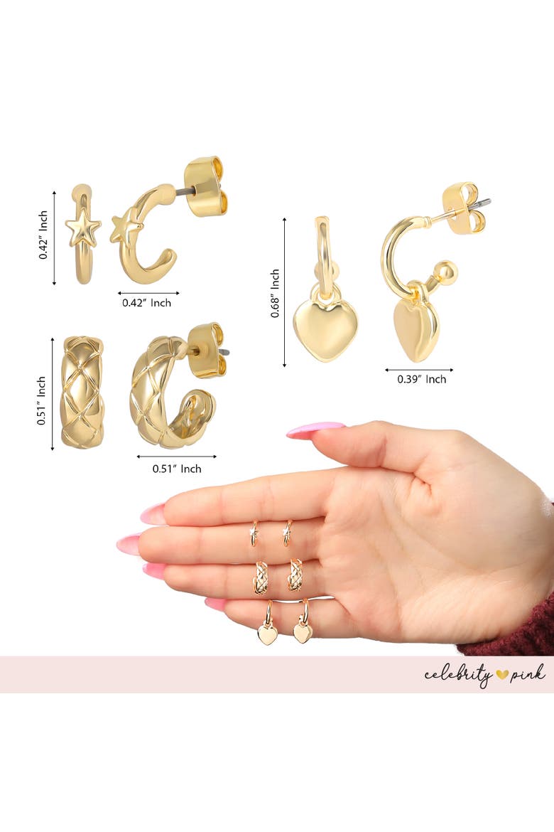 Gold-Tone Hoop Earrings for Women 6-Pack with Rhinestones | Small Hoops Yellow Gold-Tone, Rhinestone Accents, Dangling Heart Charm, Star Pendant, Huggie Earrings, 6 Different Pairs, Alternate, color, Gold-Tone