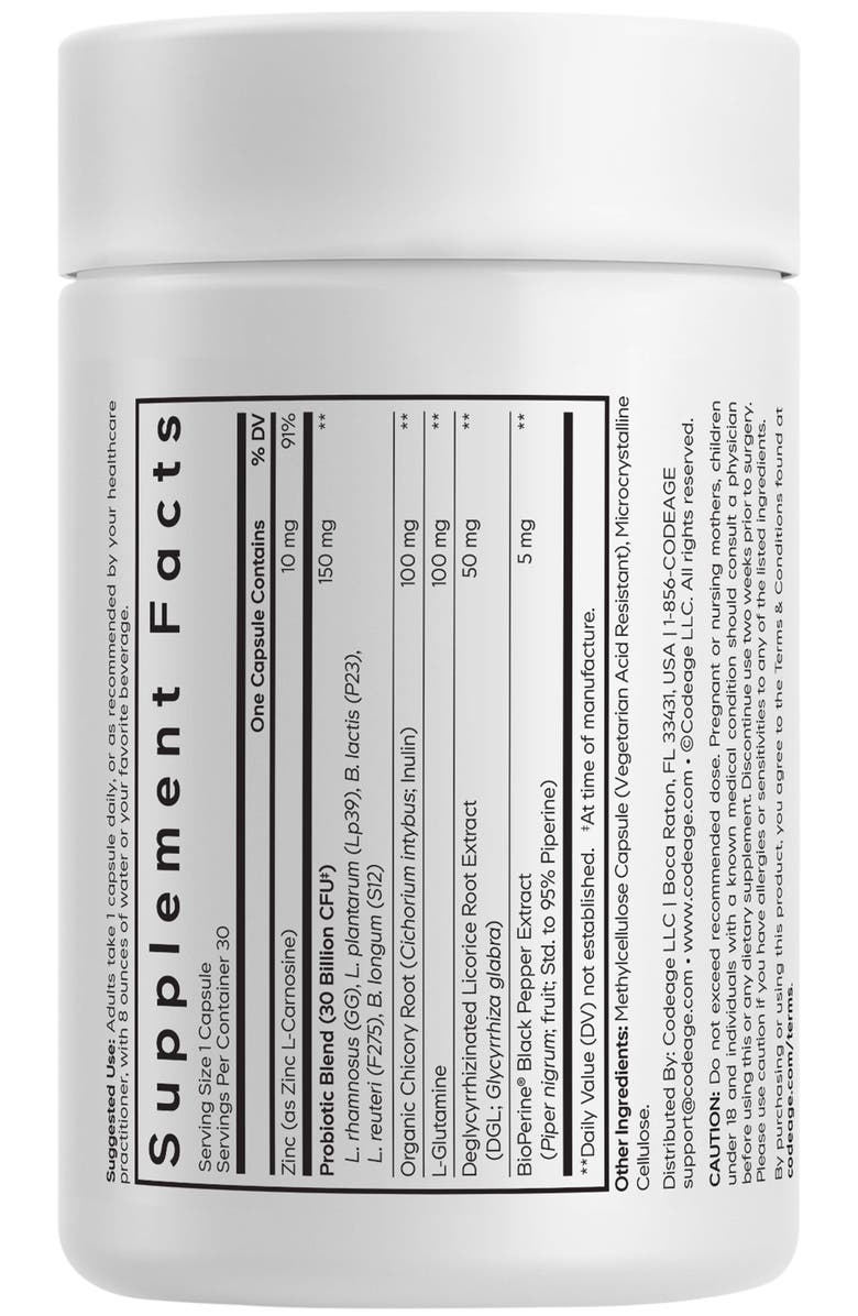 Codeage Daily Synbiotic, Prebiotics Probiotics, L-Glutamine, Zinc L-Carnosine, Alternate, color, White