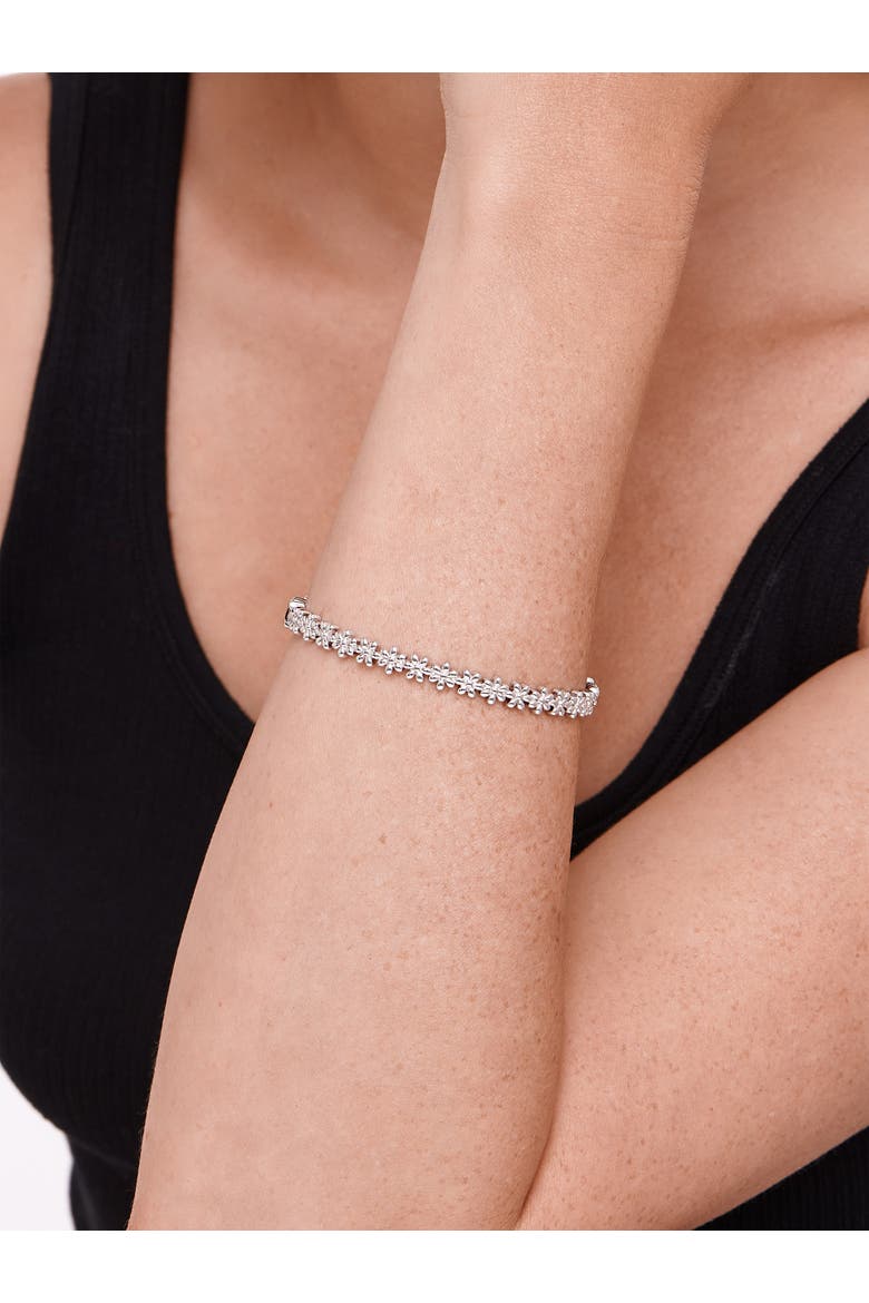 Daisy Flower Eternity Bangle Bracelet in Rhodium Plated Sterling Silver, Alternate, color, Silver