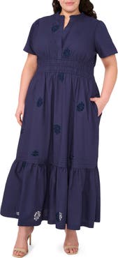CeCe Floral Embroidered Flounce Hem Cotton Maxi Dress