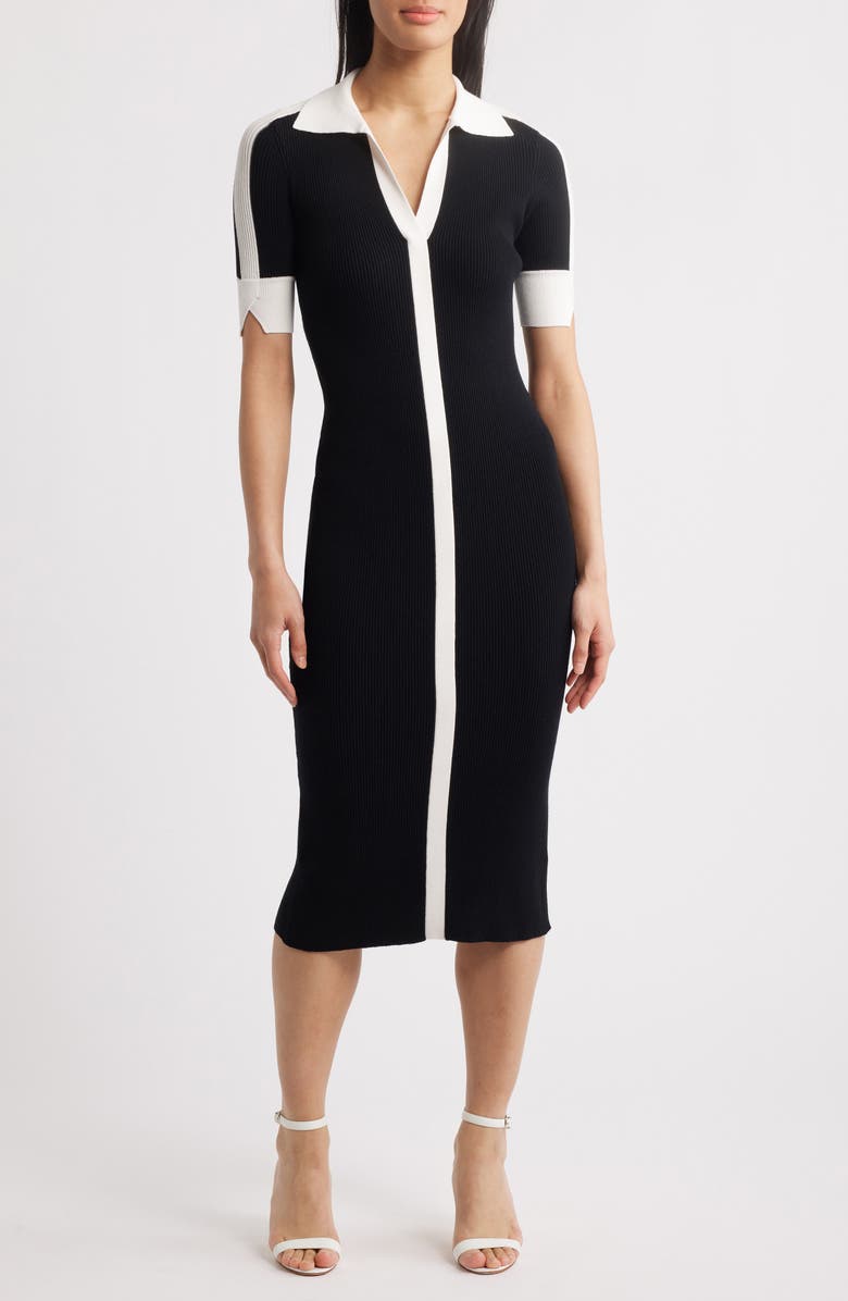 Elie Tahari The Myra Contrast Trim Knit Midi Dress, Main, color,