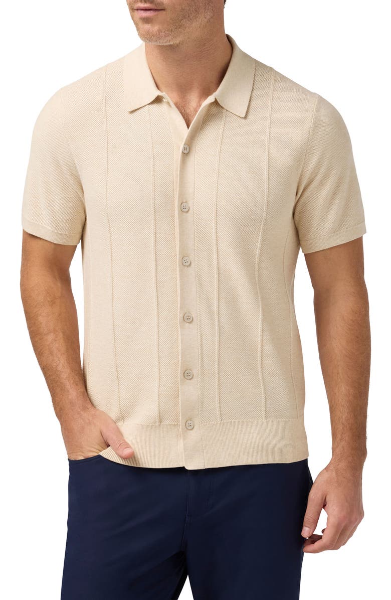Mizzen+Main Ashe Cotton Blend Performance Short Sleeve Button-Up Sweater, Main, color, Oat Heather