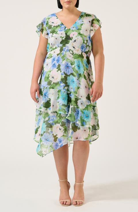 Aqua Floral A-Line Dress (Plus)