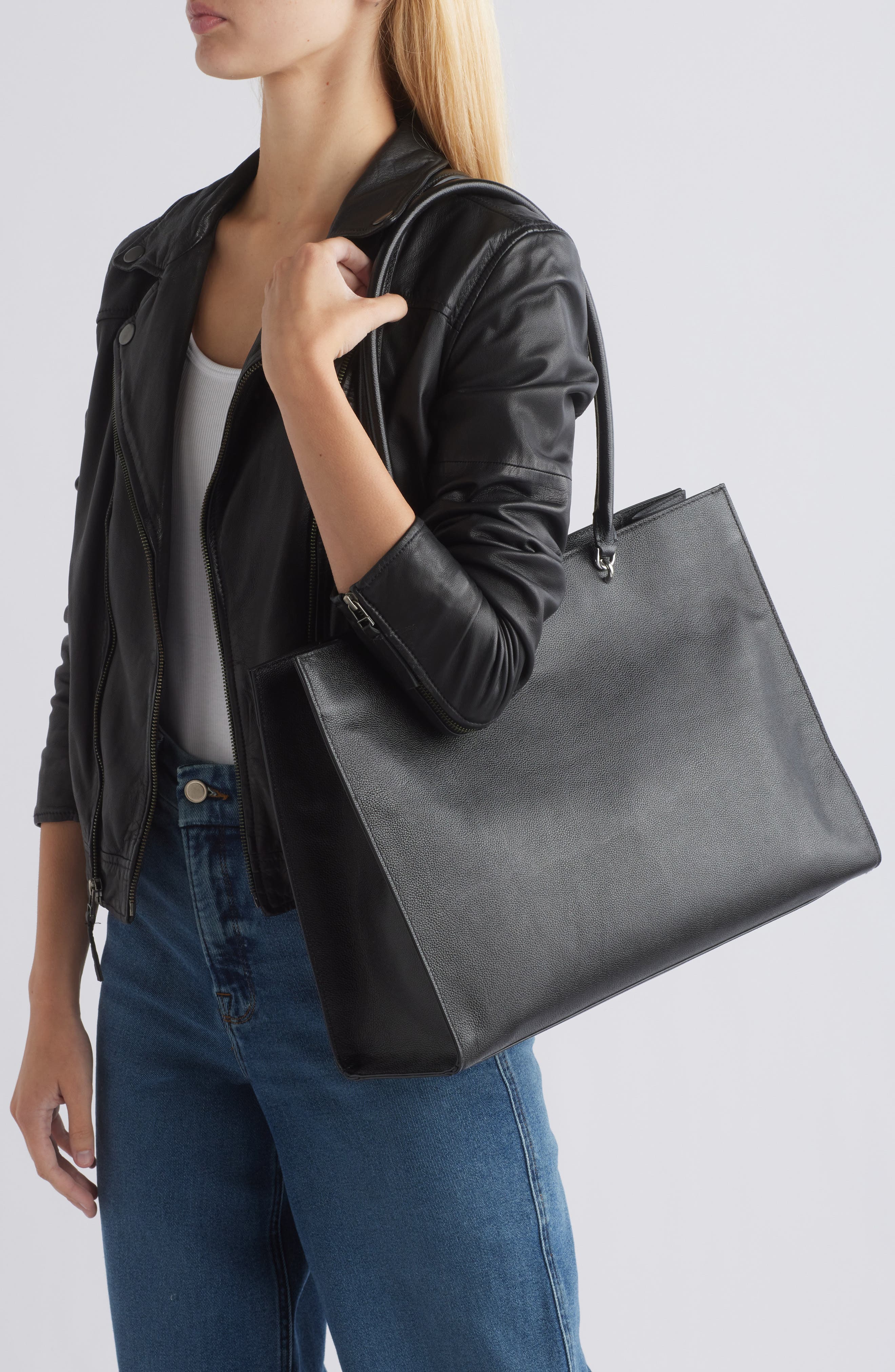 Amour Leather Tote, Alternate, color, BLACK