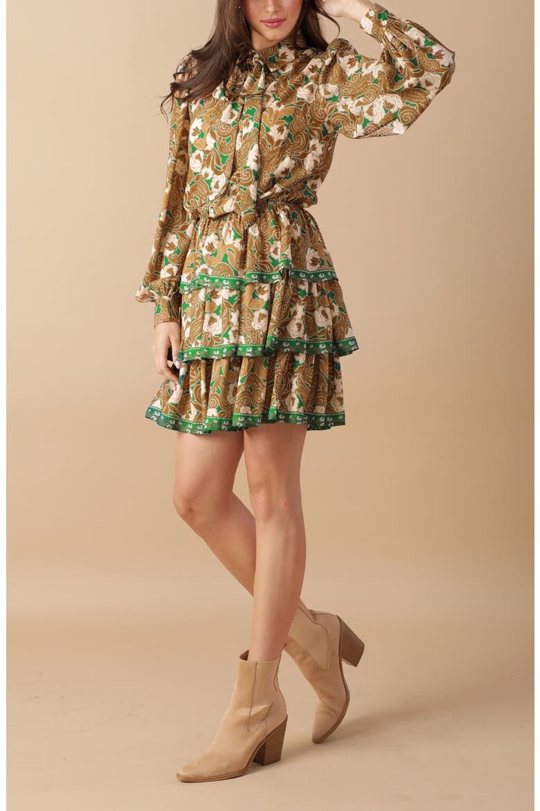 Print Long Sleeve Minidress, Alternate, color, GREEN BROWN