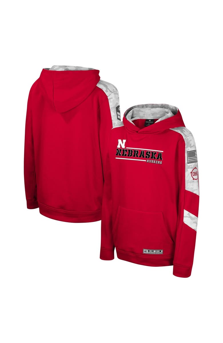 COLOSSEUM Youth Colosseum Scarlet Nebraska Huskers OHT Military Appreciation Cyclone Digital Camo Pullover Hoodie, Main, color, 