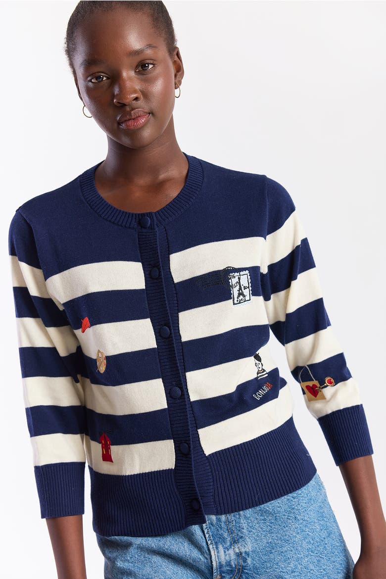 Embroidery Stripe Cardigan, Main, color, Navy/Cream