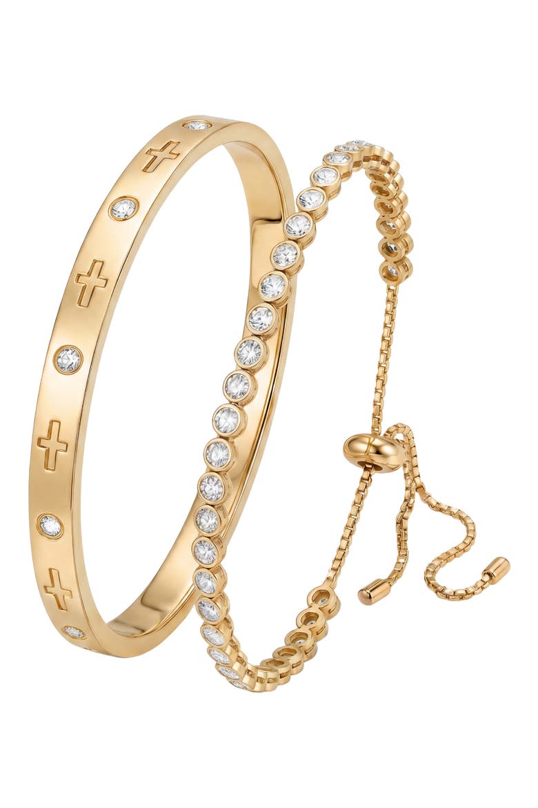 Tennis Cross & Coin Pendant Bracelet Set, Main, color, GOLD