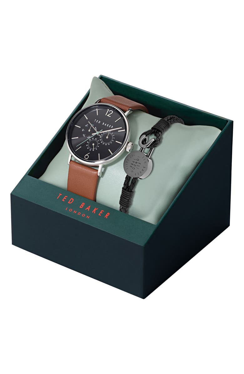 Ted Baker Phylipa Chronograph Leather Strap Watch & Bracelet Set, 41mm, Alternate, color, Black/ Stainless Steel