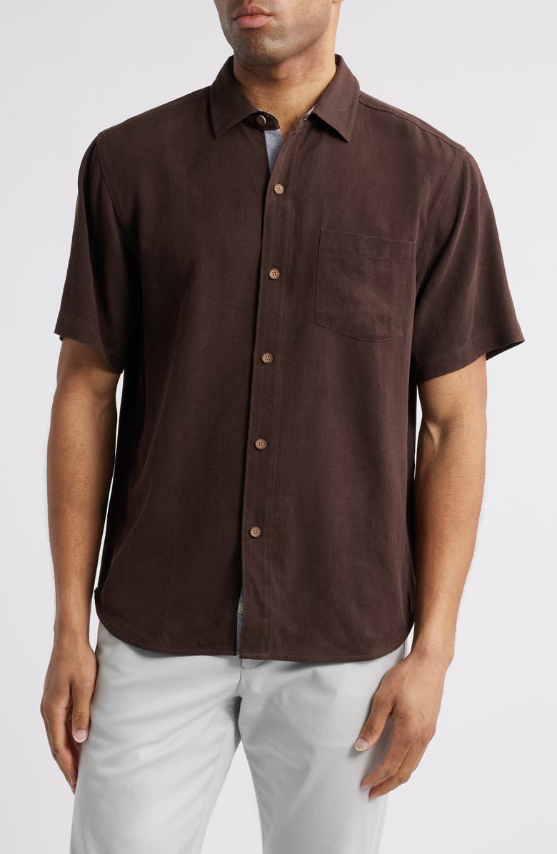Tommy Bahama Better with Age Short Sleeve Silk Graphic Button-Up Shirt, Main, color, Brandy
