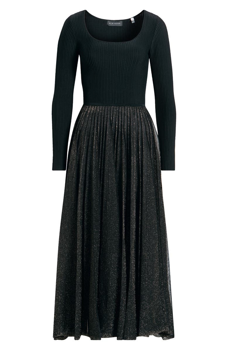 Elie Tahari The Angelique Metallic Pleated Long Sleeve Maxi Dress, Alternate, color, Noir/ Gold Lurex