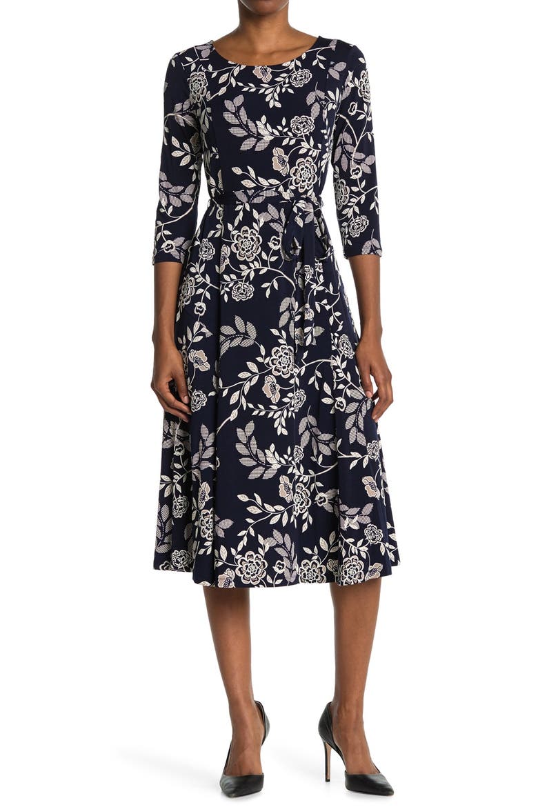 Floral Scoop Neck Midi Dress, Main, color, NAVY/TAUPE