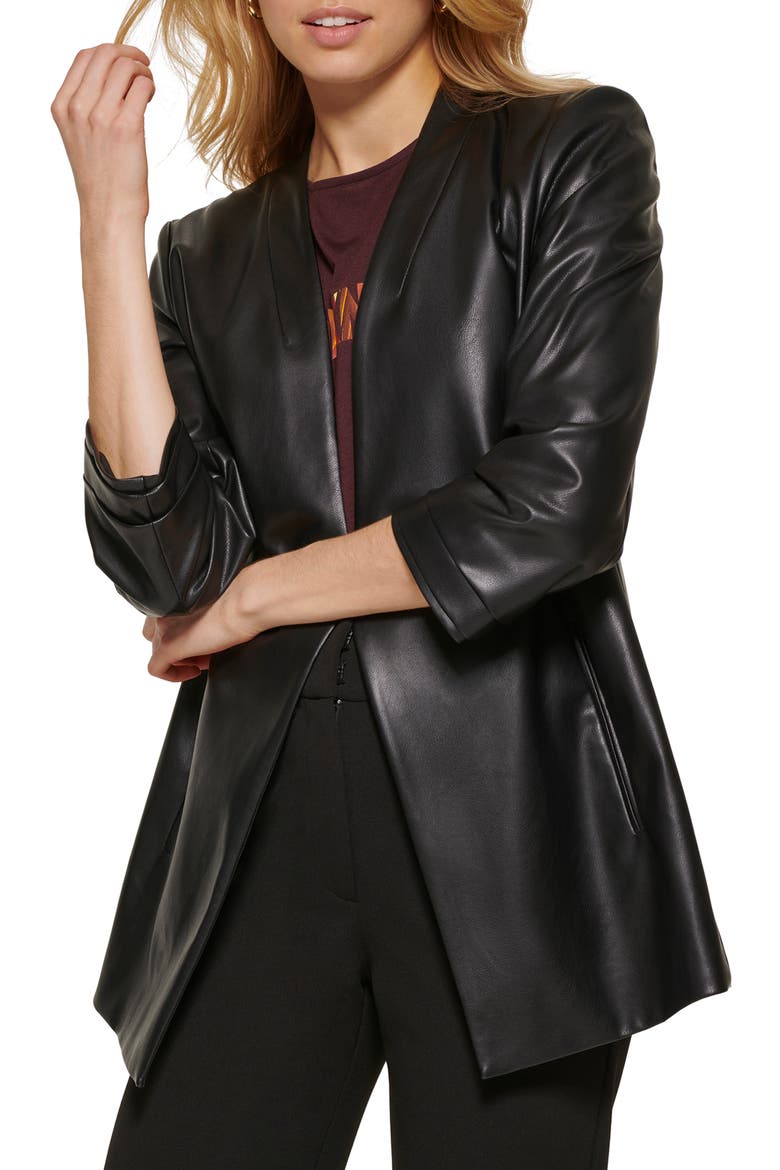 Ruched Sleeve Faux Leather Blazer, Main, color, BLACK