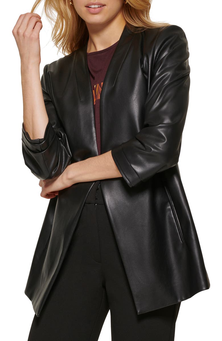 DKNY Ruched Sleeve Faux Leather Blazer, Main, color,