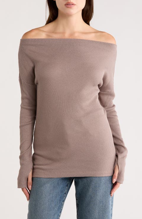 Off the Shoulder Long Sleeve Rib Knit Top