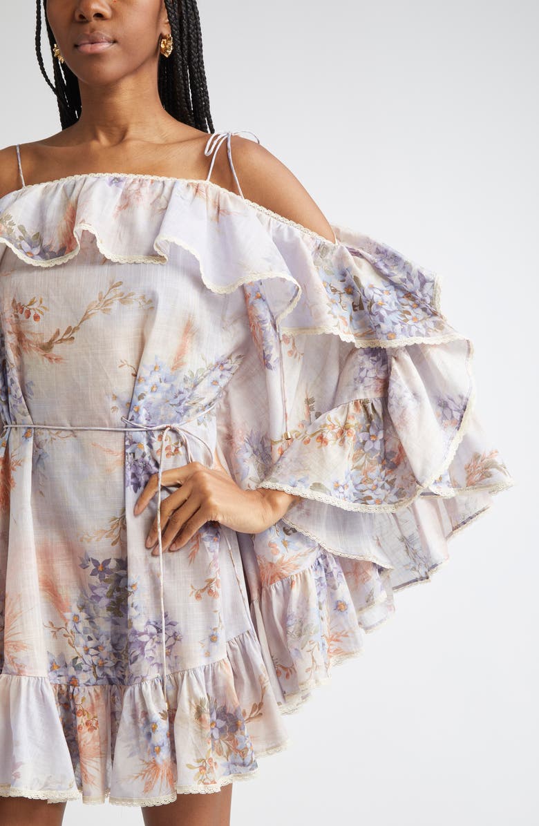 Zimmermann Cascadian Floral Print Ruffle Minidress, Alternate, color, Lilac Botanical Floral