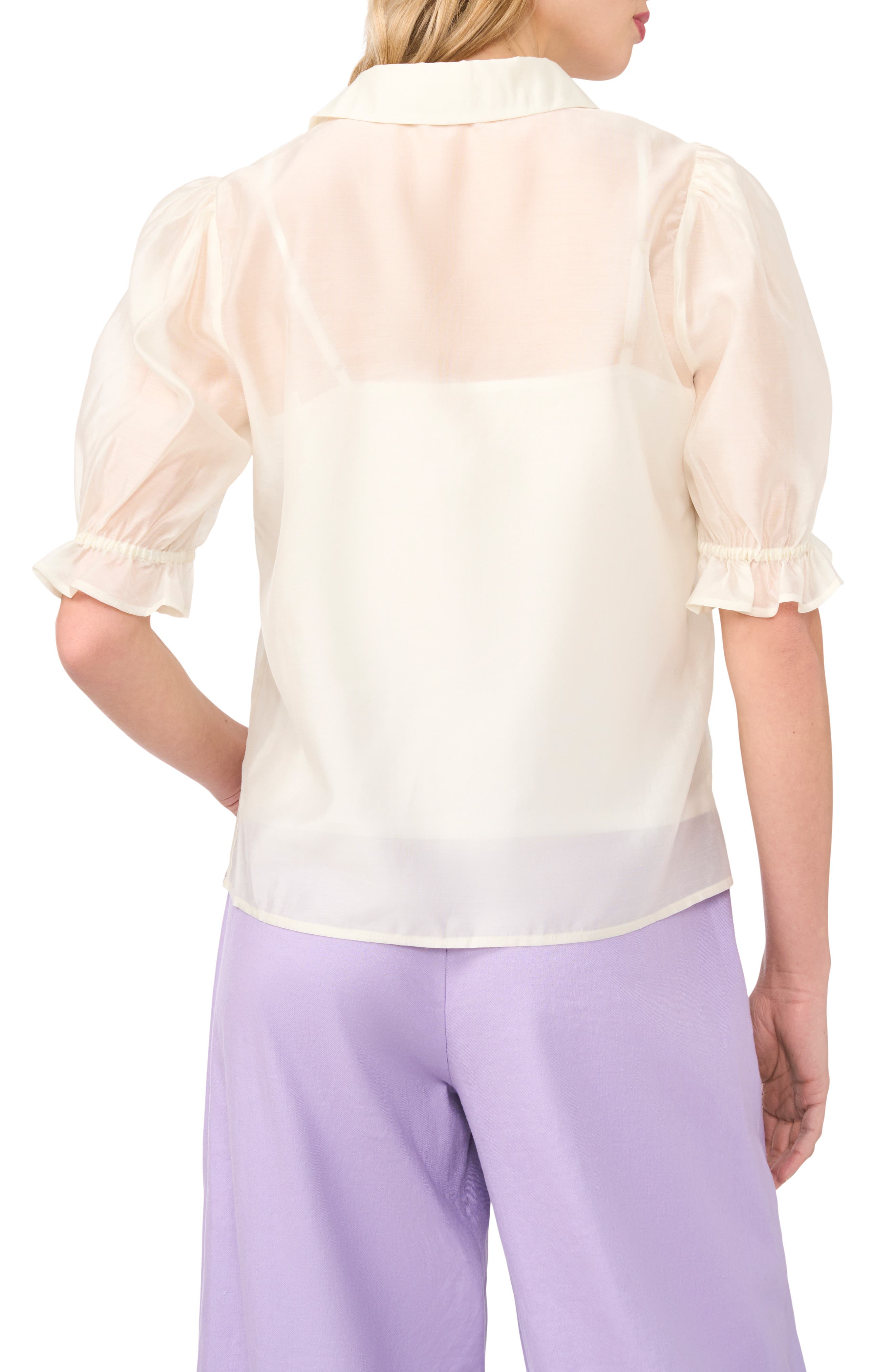 Puff Sleeve Semi Sheer Button-Up Top - image 2