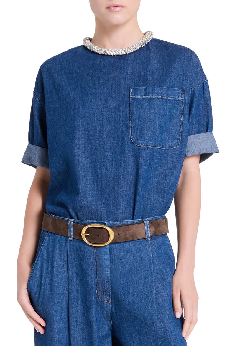 Ex T Crystal Collar Denim Shirt, Main, color, DARK STONE